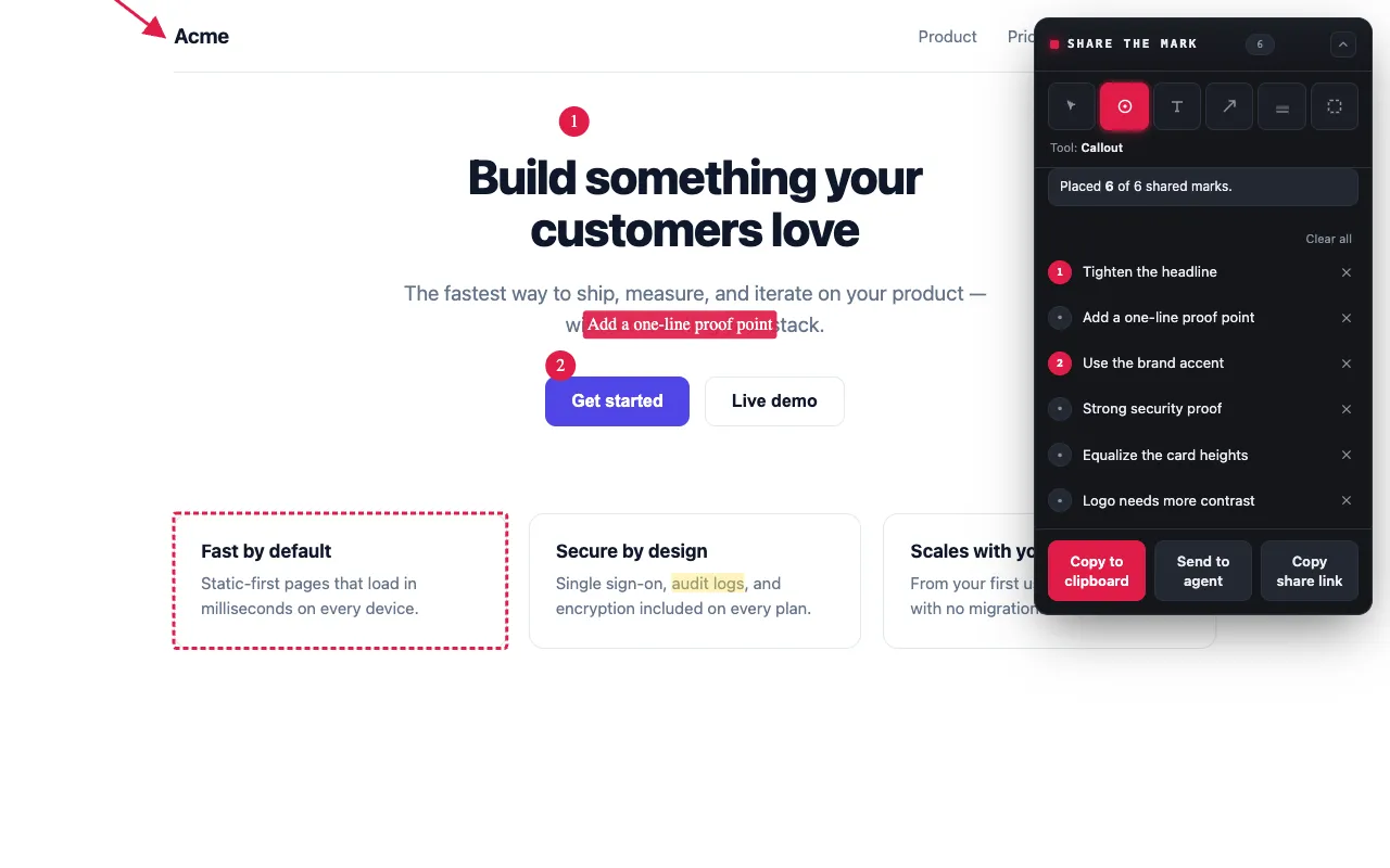 Callouts and an arrow drawn over a live page, with the changelog panel on the right